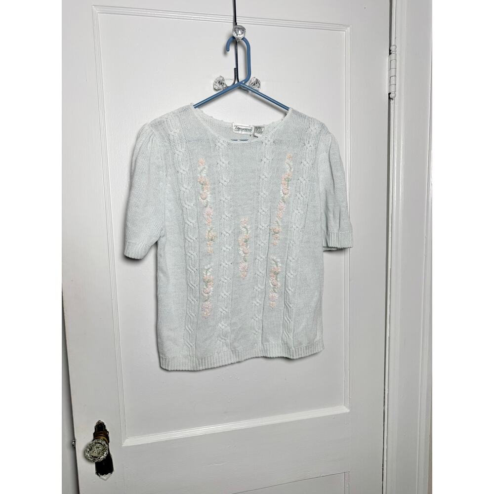VTG Shenanigans White Short Sleeve Cable Knit Girly Rosette Coquette Sweater L